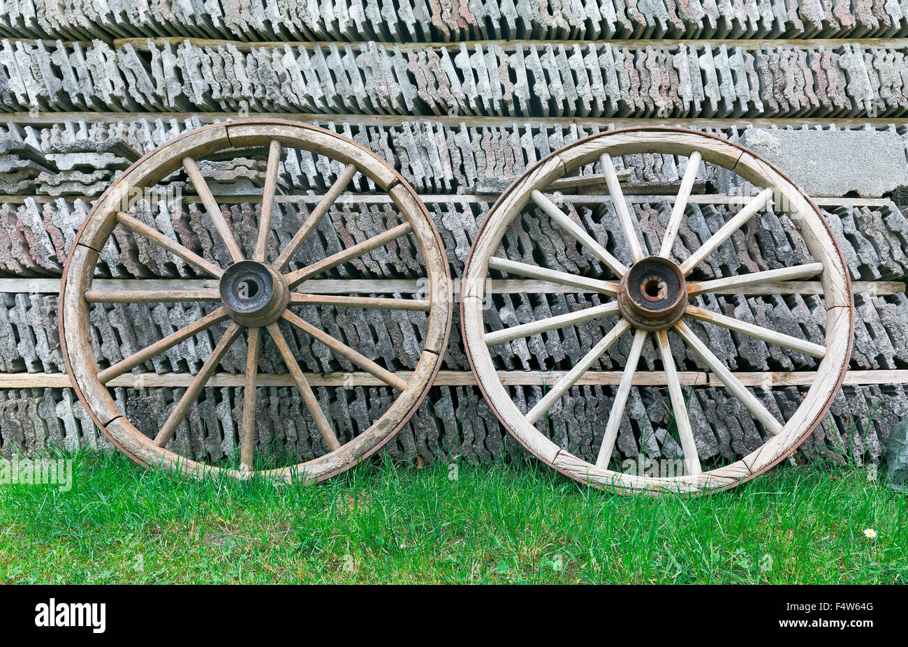two wheels from the old carts Stock Photo
