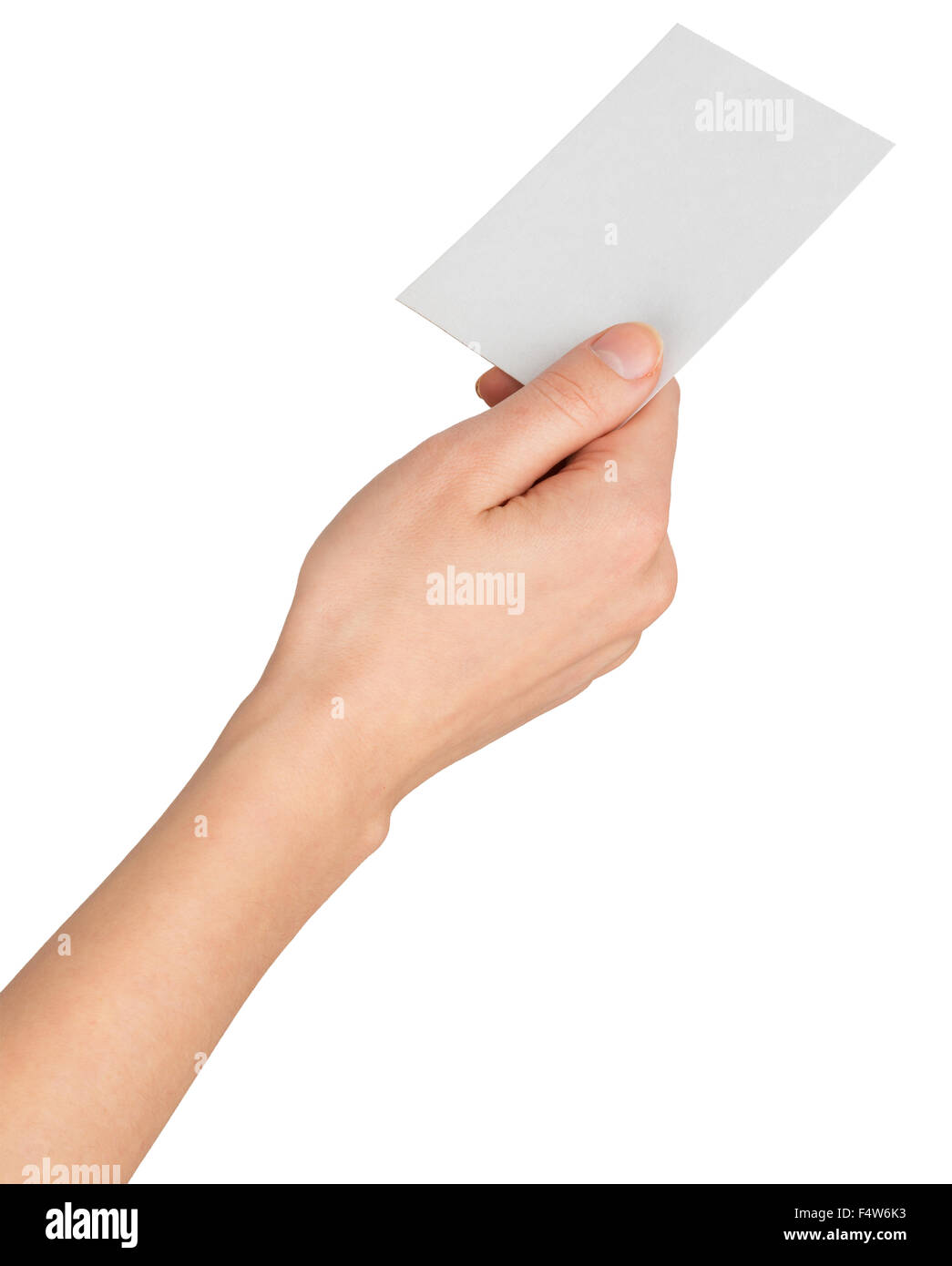 womans hand giving small blank card stock photo - alamy