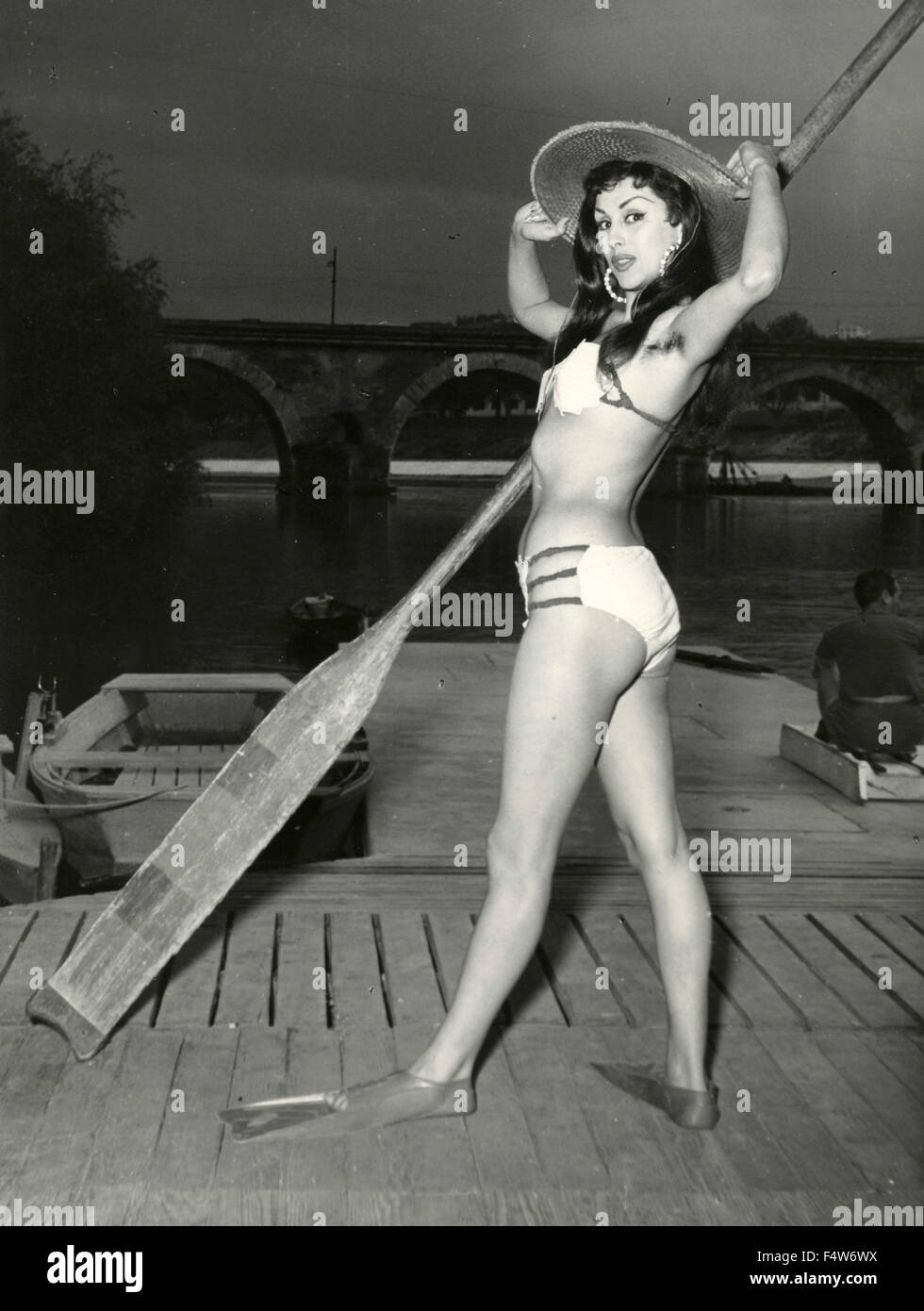 The Italian actress Maria Frau wearing fins and swimsuit Stock Photo
