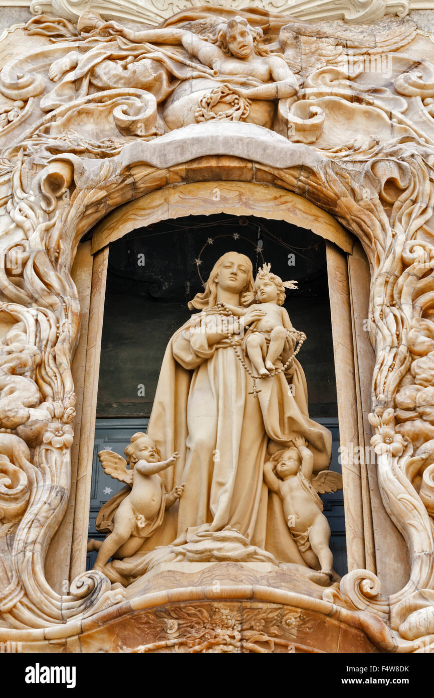 Alabaster facade of the Virgen del Rosario enclosed in a niche, the National Museum of Ceramics and Decorative Arts, Valencia Stock Photo