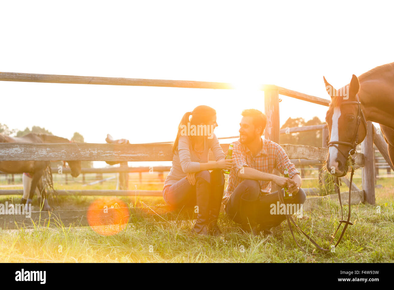 Couple with horse talking in sunny rural pasture Stock Photo