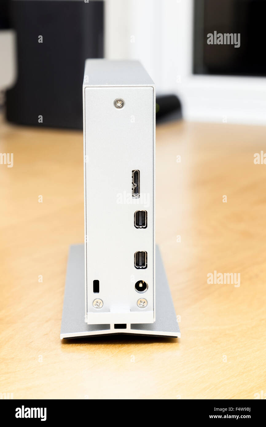 LaCie d2 Thunderbolt 2 3TB external hard drive. Rear view showing ports. Stock Photo