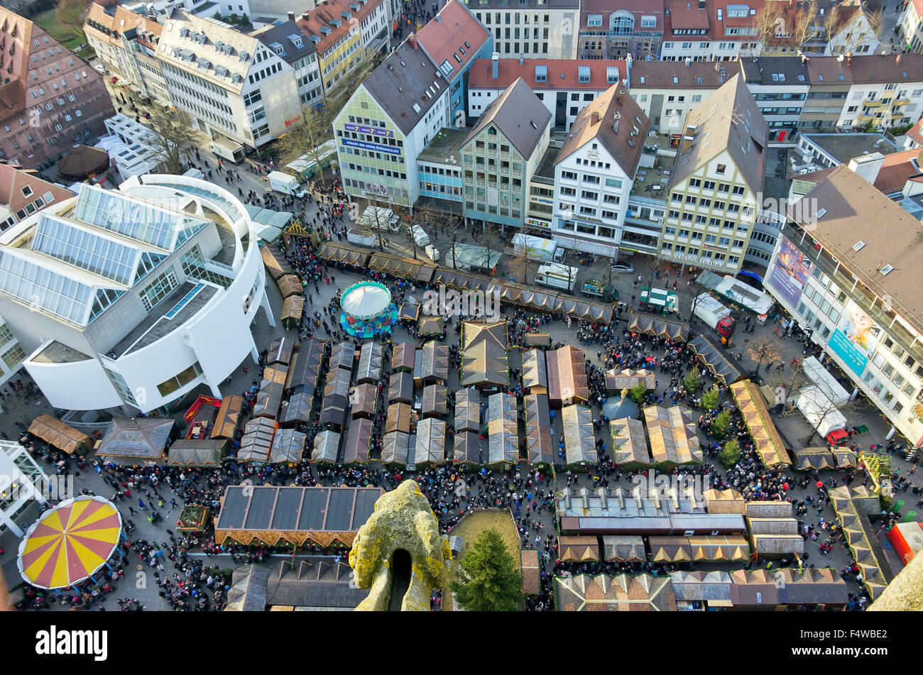 The Christmas market of Ulm, Germany, as seen as from the Minster on December 13th, 2014. Stock Photo