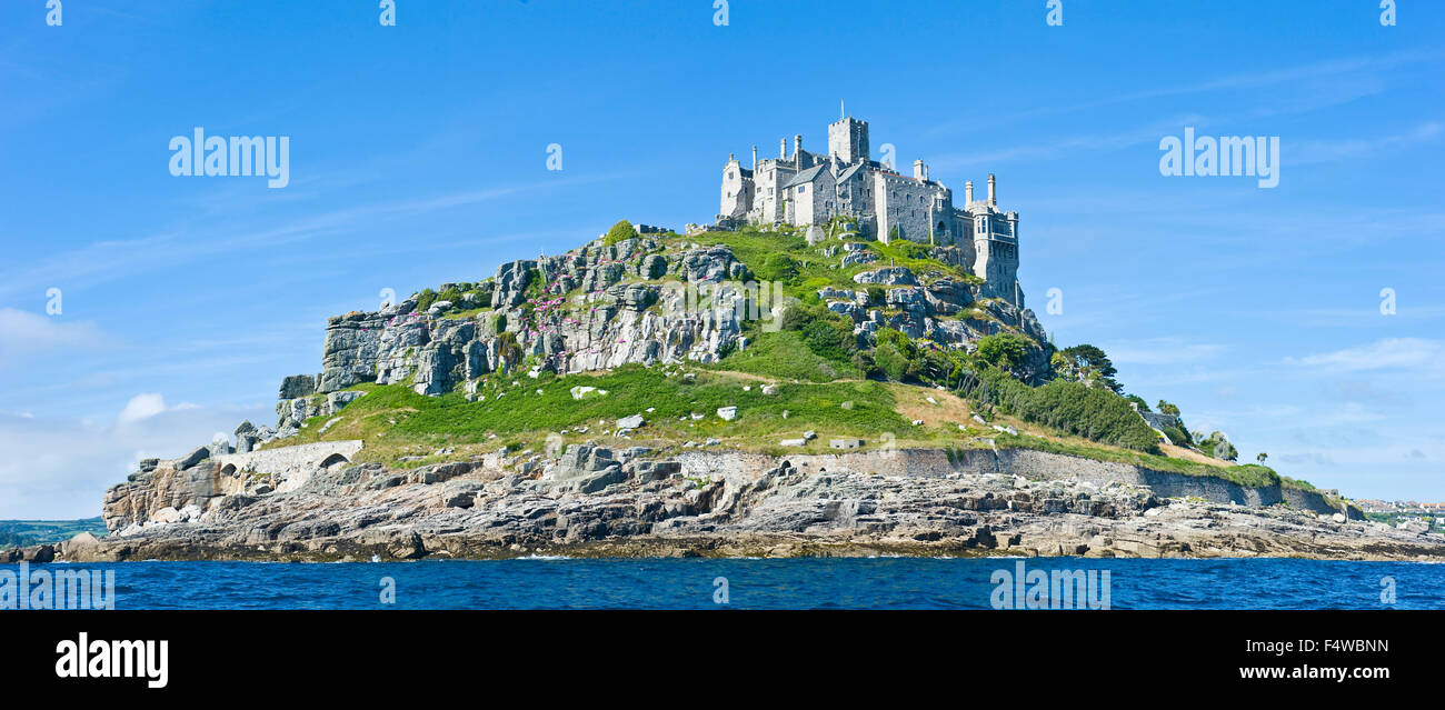 A 2 picture stitch panoramic view of St Michael's Mount from the seaward side of the island. Stock Photo