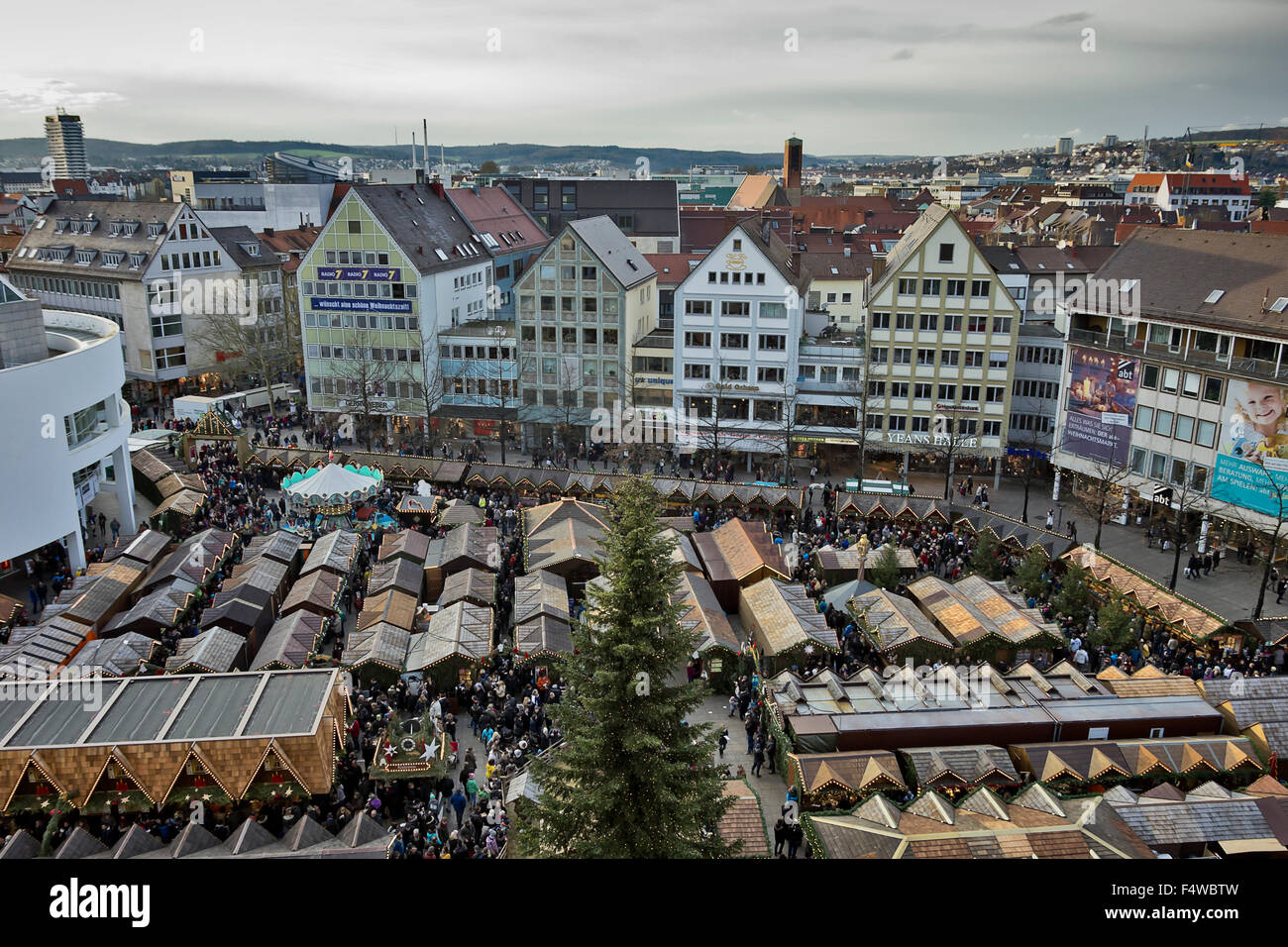 The Christmas market of Ulm, Germany, as seen as from the Minster on December 13th, 2014. Stock Photo