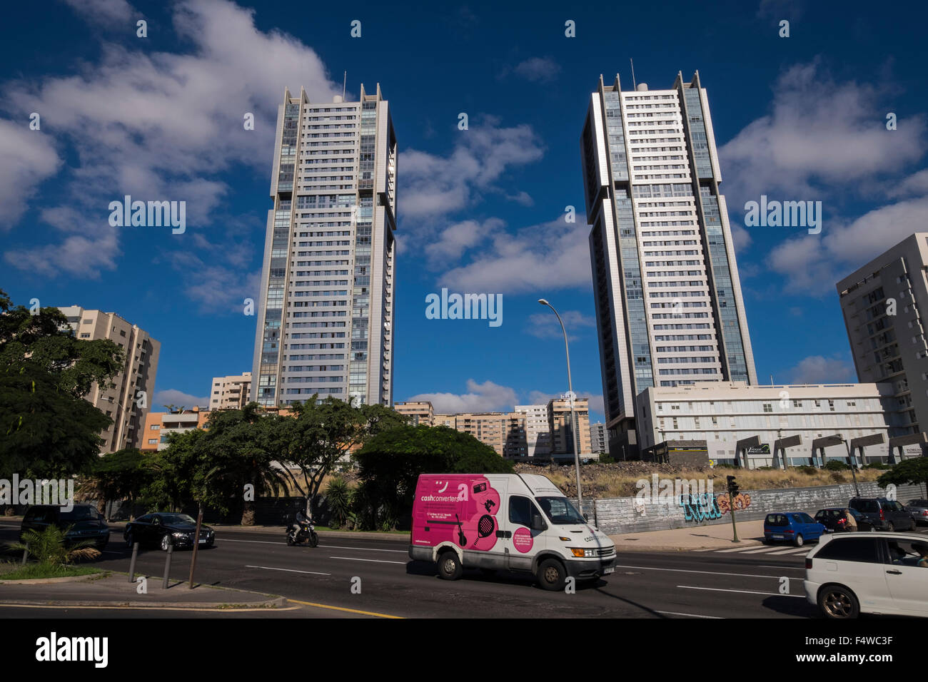 Two high rise apartment blocks in Santa Cruz, tenerife, Canary Islands, Spain. Stock Photo