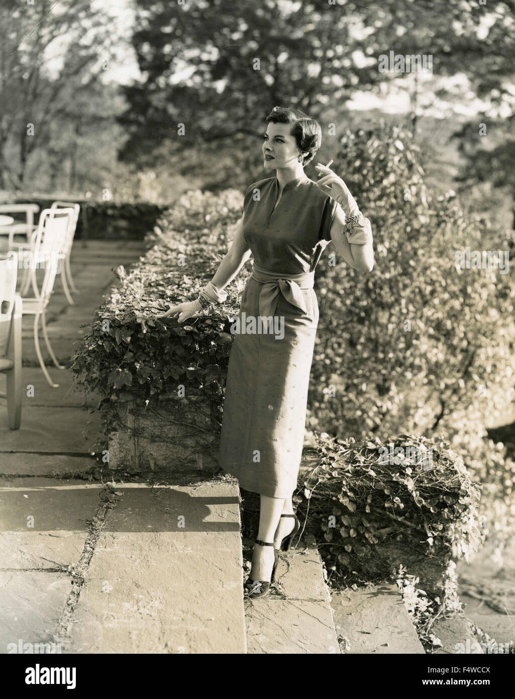 A model presents an outfit by Henry Rosenfeld at the Eighth Edition of "Fashions of the Times", New York, USA Stock Photo