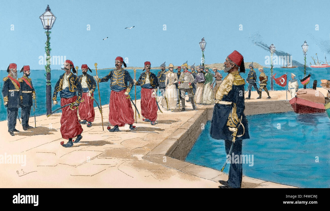 Travel of the Emperor of Germany, Wilhelm II, to Palestine. Entrance of the Emperors in Haifa, 1898. Engraving in The Illustration. Colored. Stock Photo