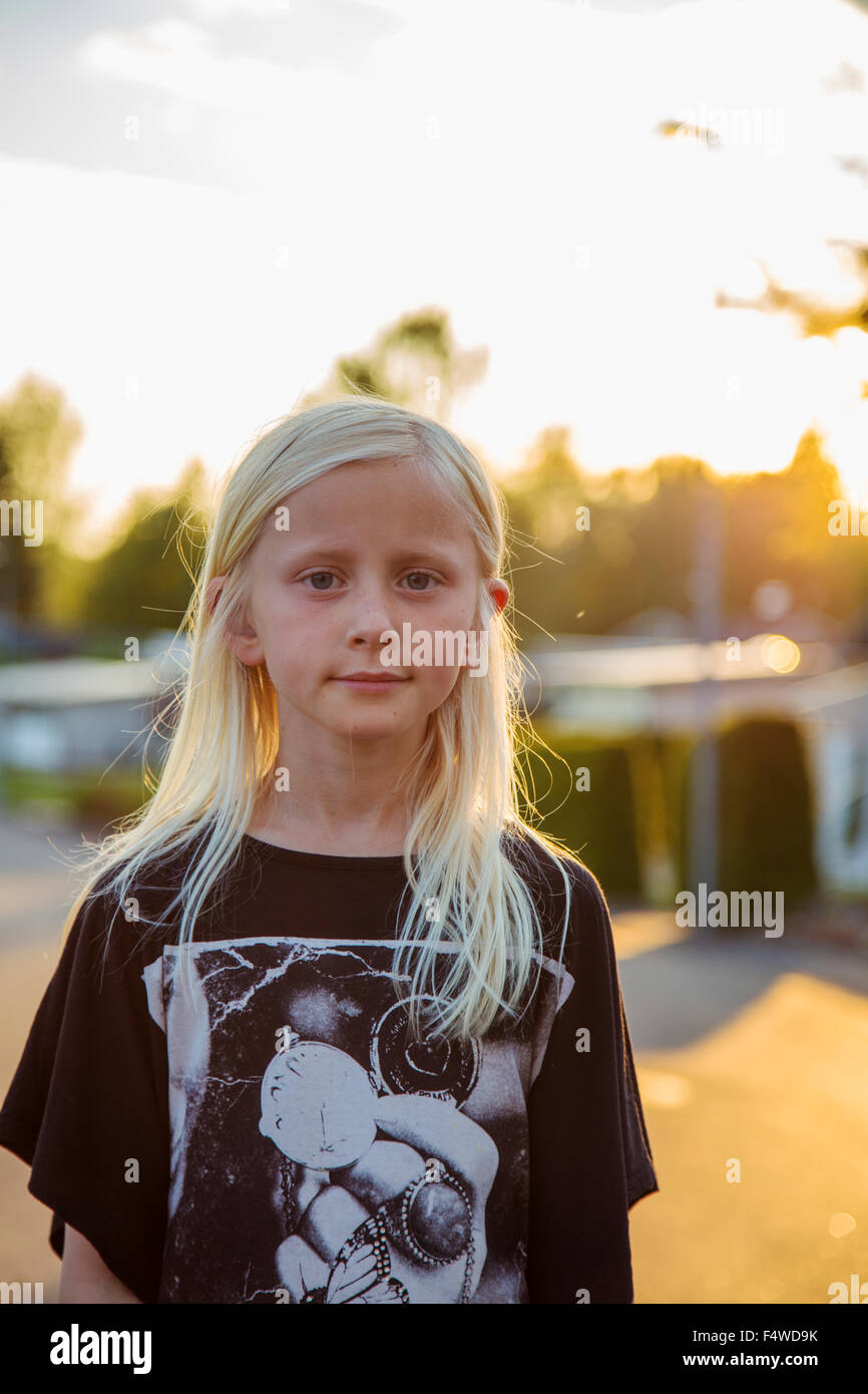 Sweden, Smaland, Anderstorp, Portrait of blond girl (10-11) Stock Photo
