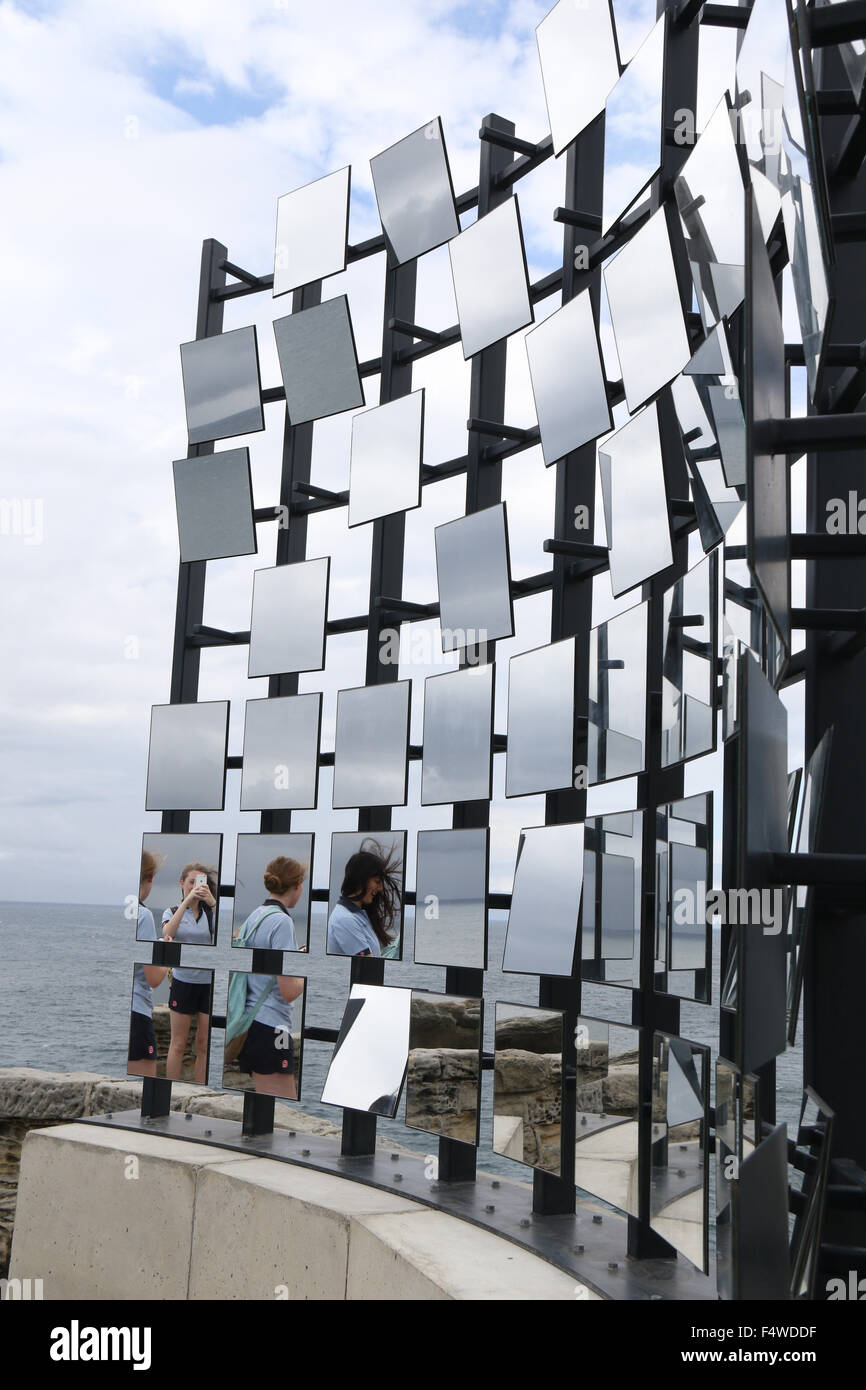 Sydney, Australia. 22 October 2015. Pictured: Sculpture no. 23, ‘Half gate’ by Matthew Asimakis, Clarence Lee & Caitlin Roseby from NSW. Statement: the work offers a vision of partial enclosure – mirrors craft an environment in flux, a place where sky, sea and visitor converge, soaking into each other. 107 different sculptures can be seen at the 19th annual Sculpture by the Sea Bondi exhibition along the coastal walk between Bondi and Tamarama Beaches. Credit: Richard Milnes/Alamy Live News Stock Photo
