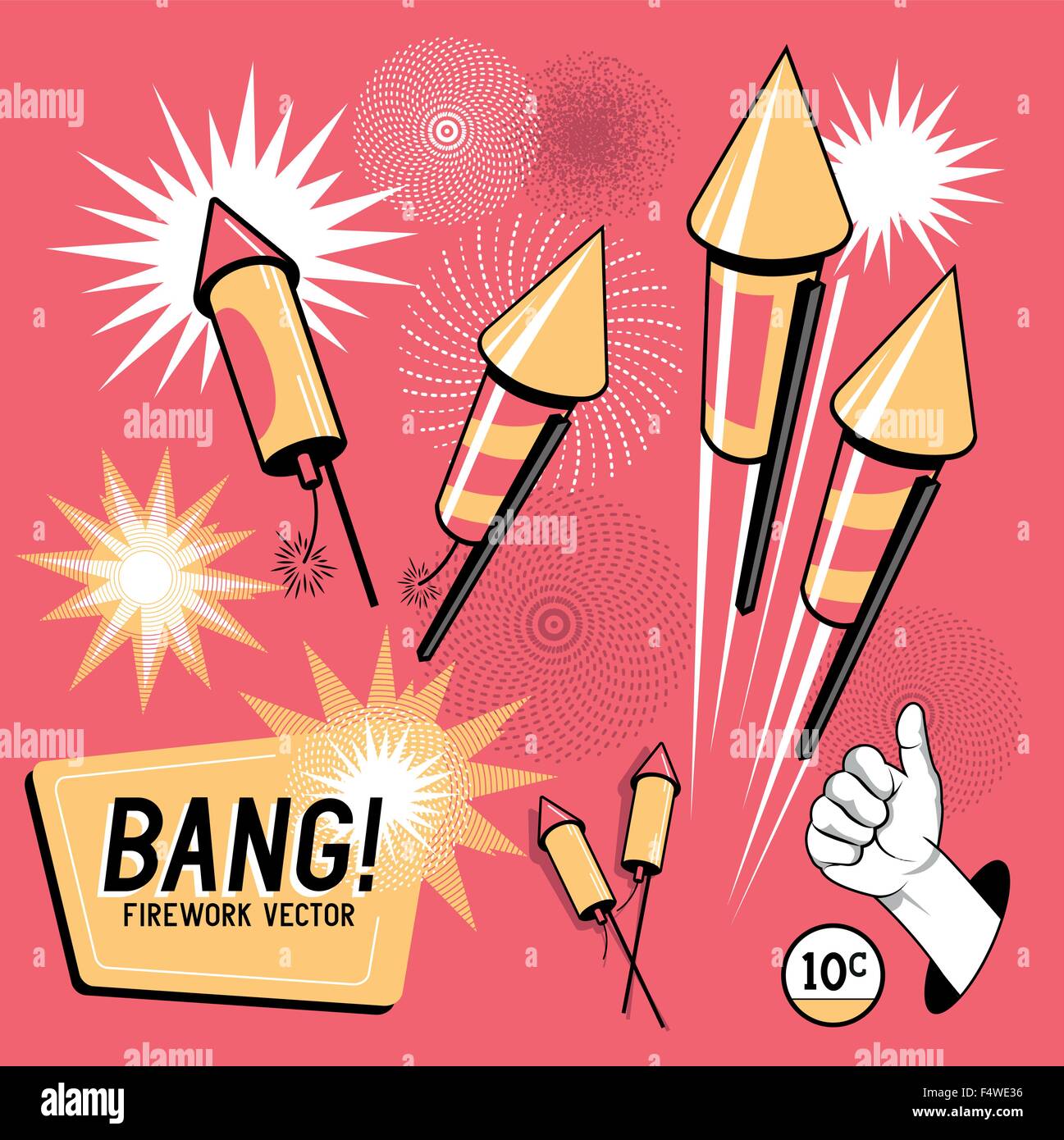 Retro Firework Rockets.Firework rockets, various angles and effects. Vector illustration. Stock Vector