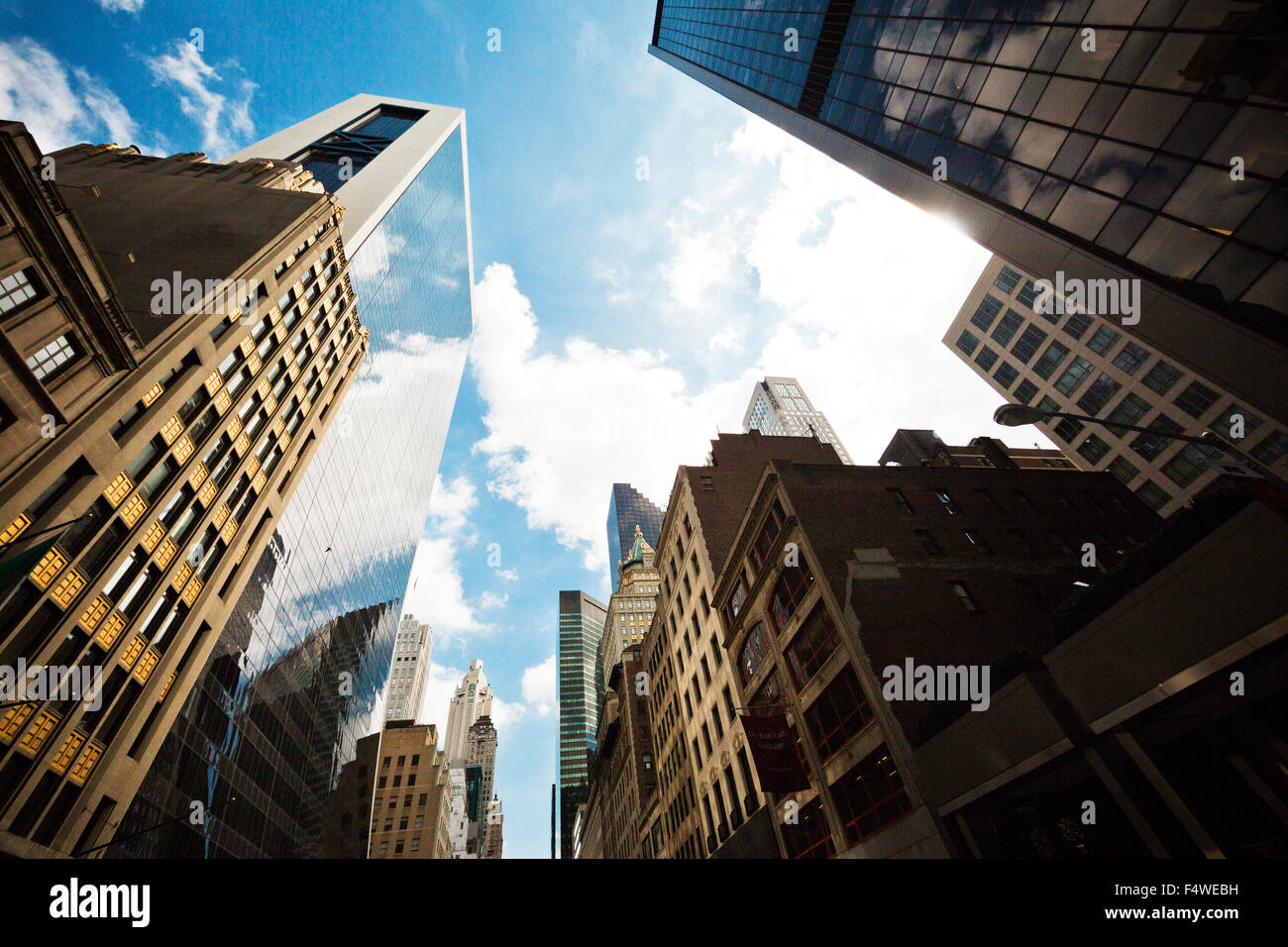 USA, New York City, Manhattan, Upward view of skyscrapers against sky Stock Photo