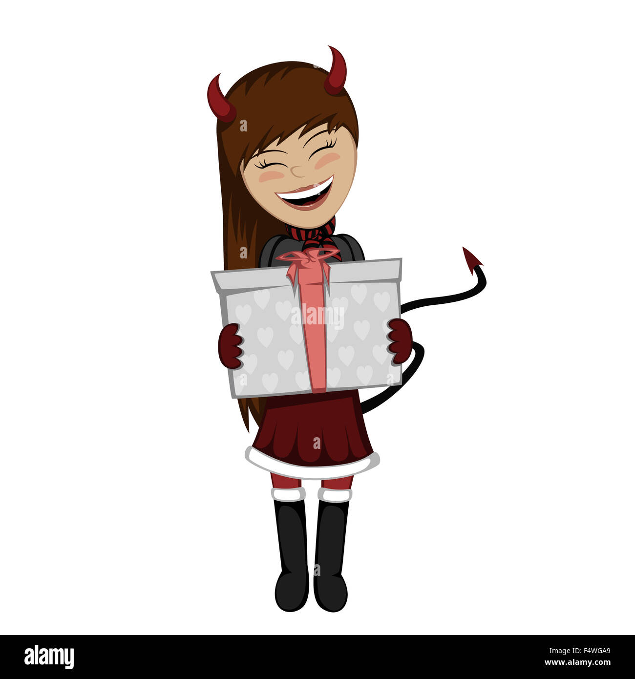Christmas Devil girl with surprise - Lovely little brunette girl with a gift box in devil costume Stock Photo