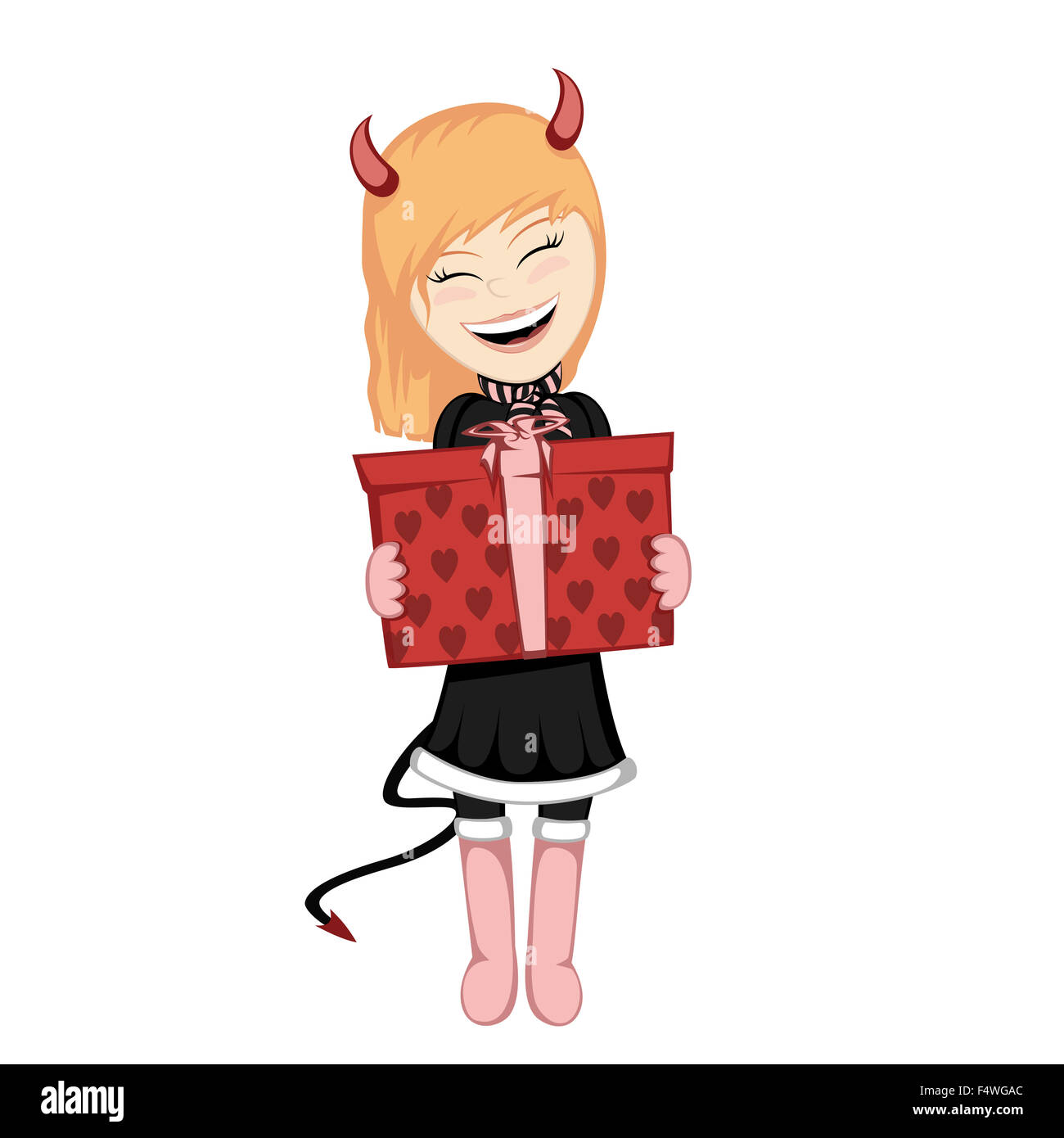 Christmas Devil girl with surprise - Lovely little ginger girl with a gift box in devil costume Stock Photo