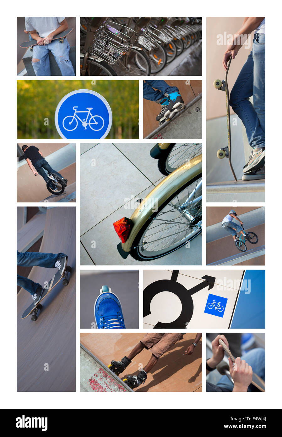 Rollers, bikes and road signs on a collage Stock Photo Alamy