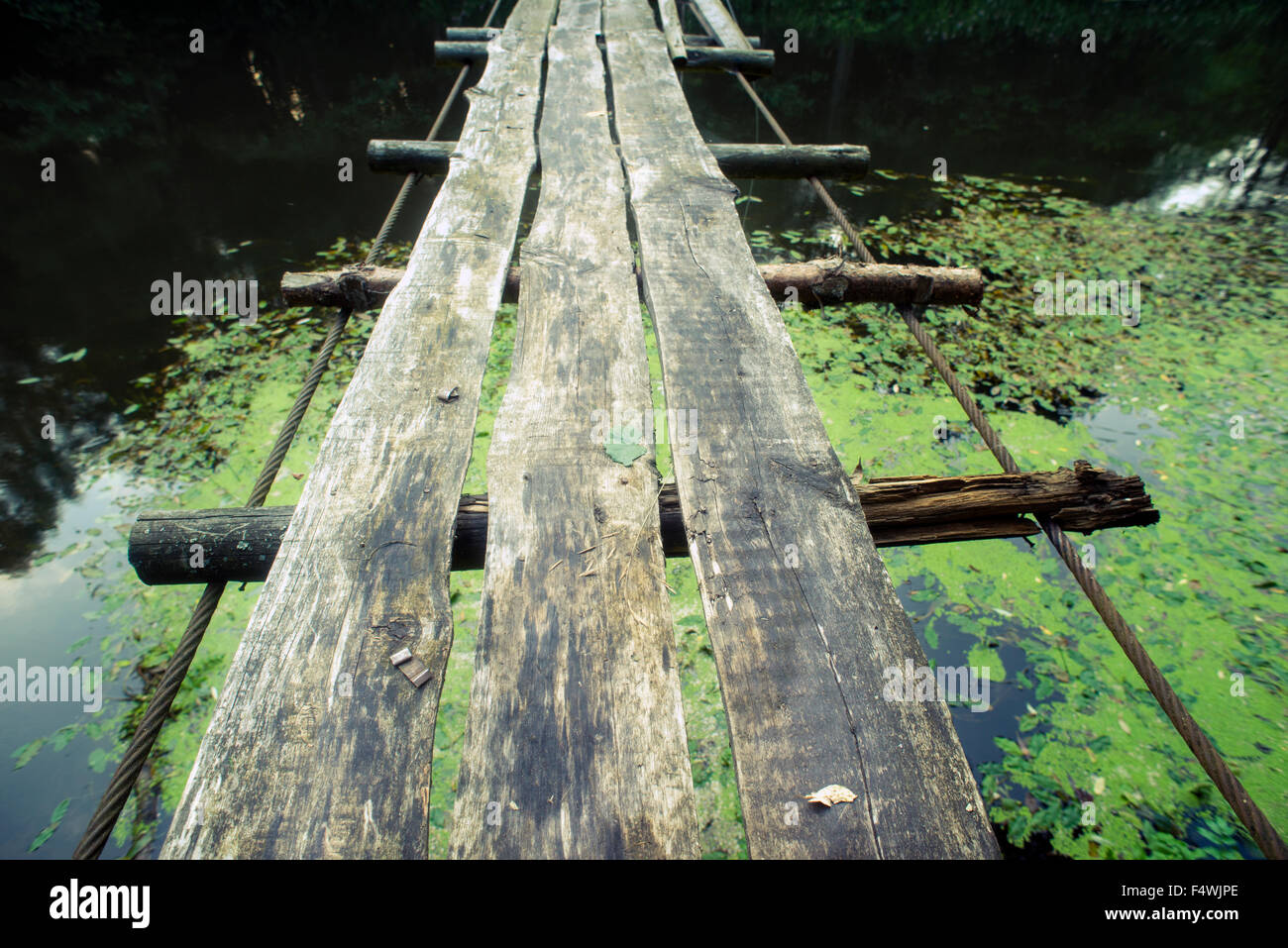 wooden rope bridge fragment over forest river waters Stock Photo