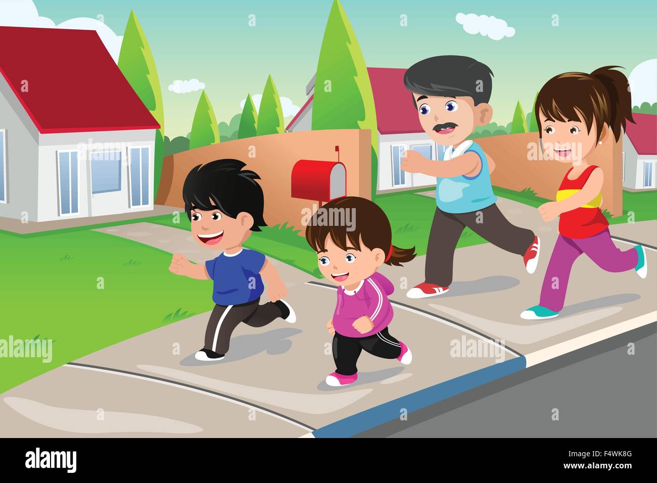 A vector illustration of happy family running outdoor in a suburban neighborhood Stock Vector