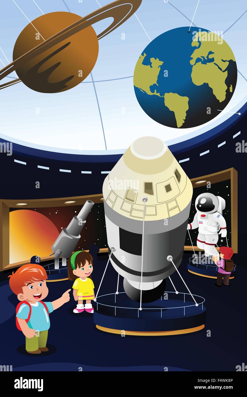 A vector illustration of happy kids on field trip to a planetarium
