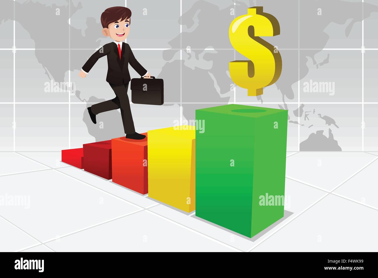 A vector illustration of businessman climbing up a ladder made of charts for business concept Stock Vector