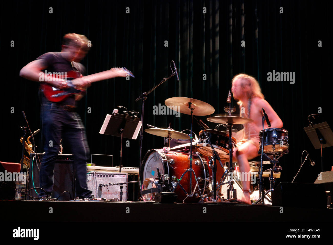 Myth Science Ensemble performs during the Wounded Galaxies Festival, at the Buskirk Chumley Theatre in Bloomington, Indiana. Oct 11, 2015. The Myth-Science Ensemble hails from Kansas City MO and consists of Thomas Aber (bass clarinet, Omaha Symphony) and Dwight Frizzell (reeds and Yamaha WX5, Kansas City Art Institute), along with supporting players from Bloomington, including reed player Marty Belcher, nationally recognized live sound effects artist Tony Brewer, and aerial silk performer Sue Rall. Myth-Science Ensemble incorporate 4-channel sound, movement, and projected images to create live Stock Photo