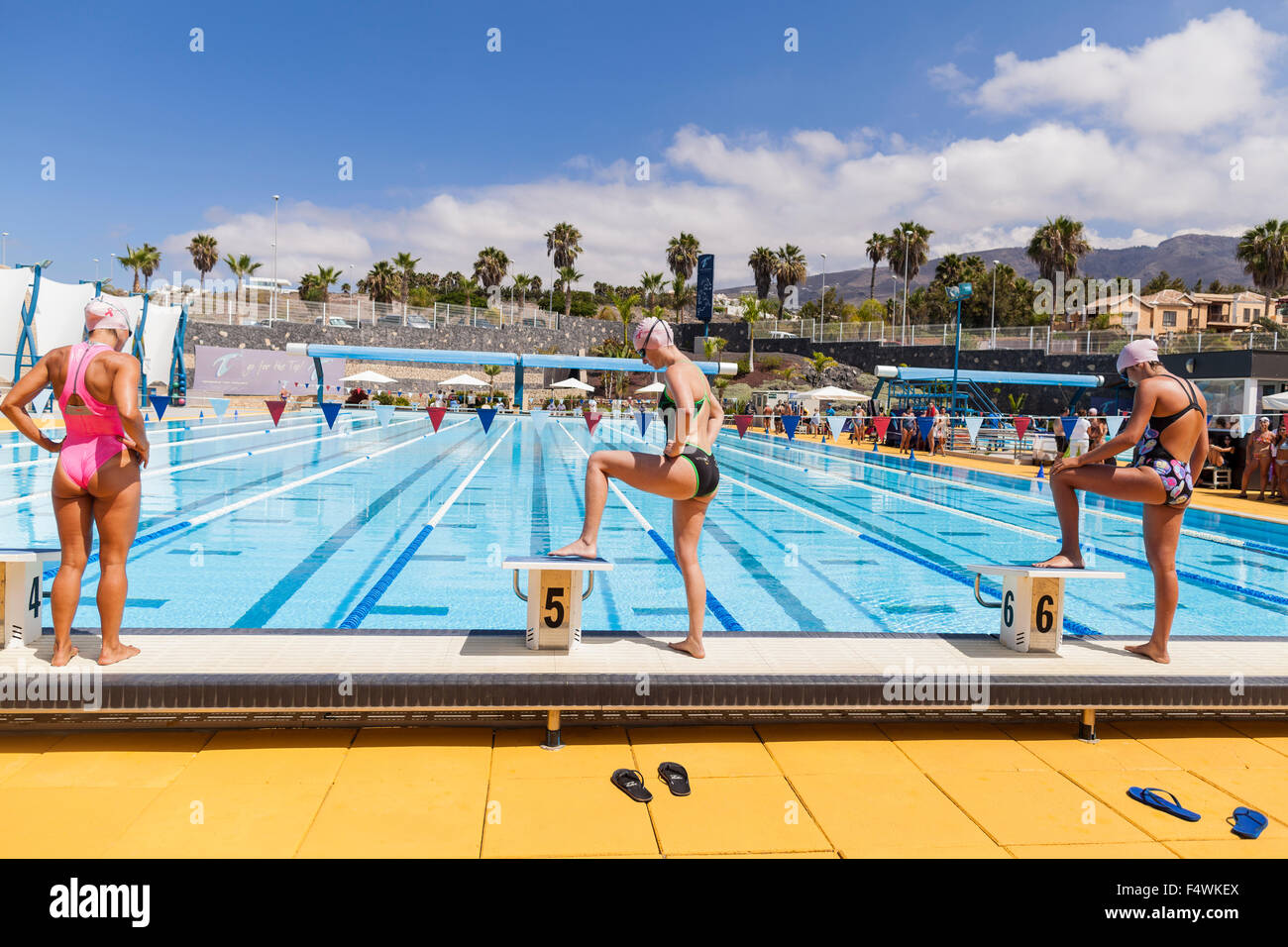 Swimmers preparing to start a race. Stock Photo