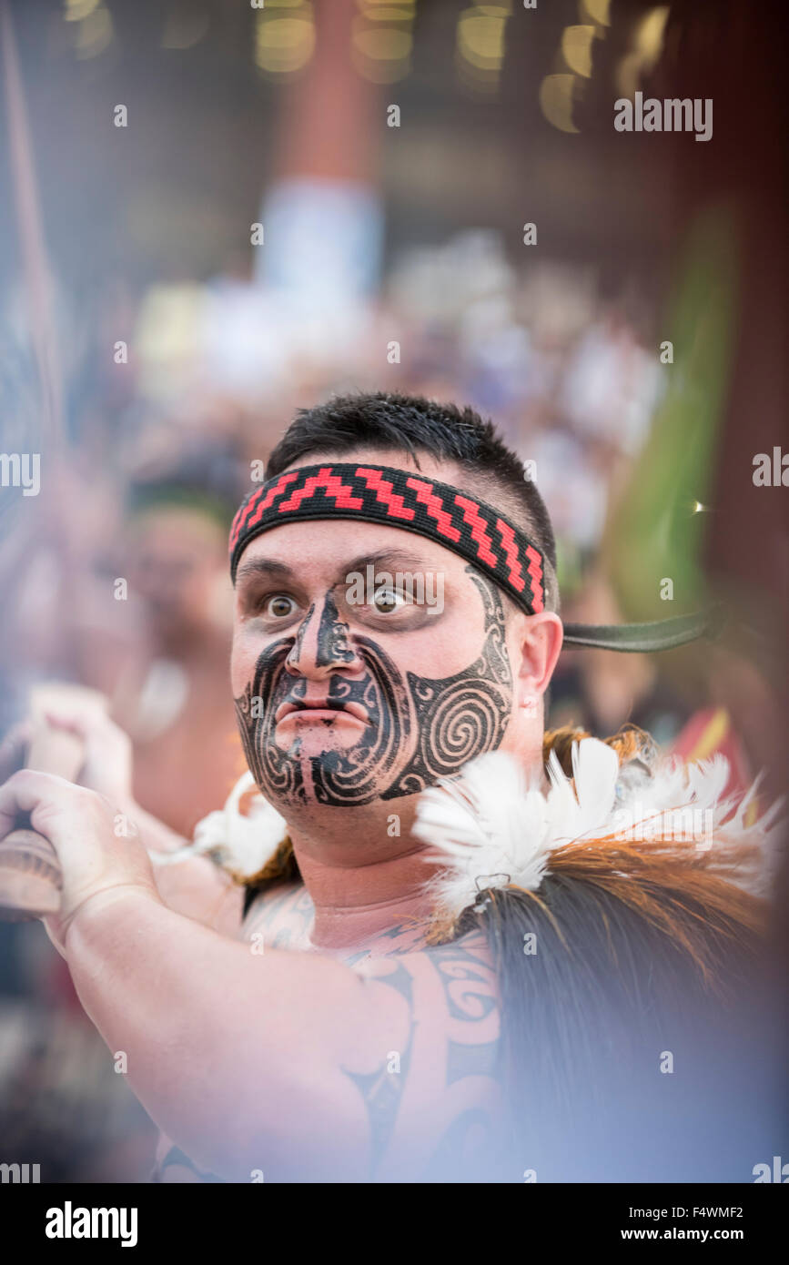Palmas, Brazil. 22nd Oct, 2015. A Maori contestant with striking face paint participates at the fire ceremony at the first ever International Indigenous Games, in the city of Palmas, Tocantins State, Brazil. Credit:  Sue Cunningham Photographic/Alamy Live News Stock Photo