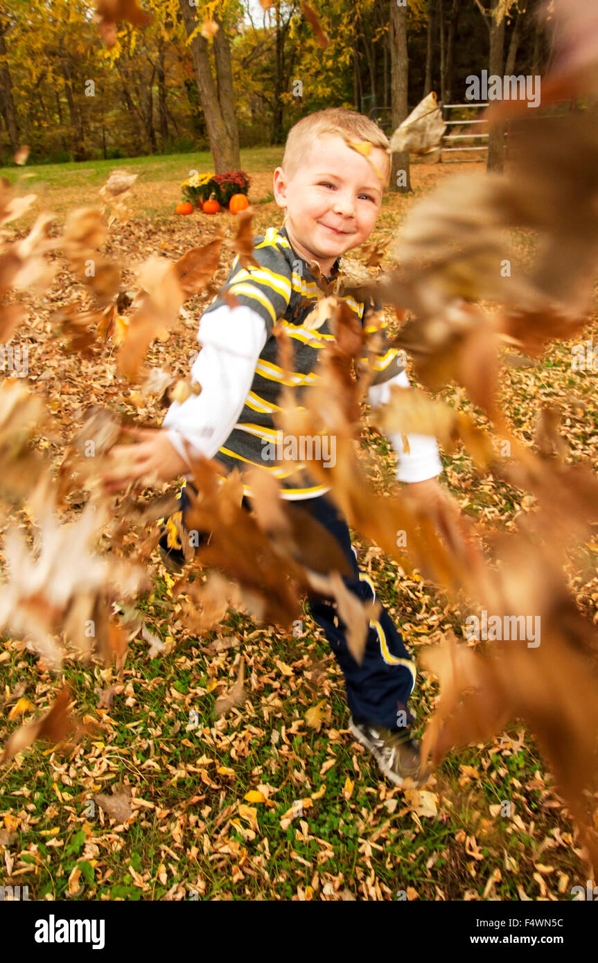 Boy throwing Autumn leaves Stock Photo