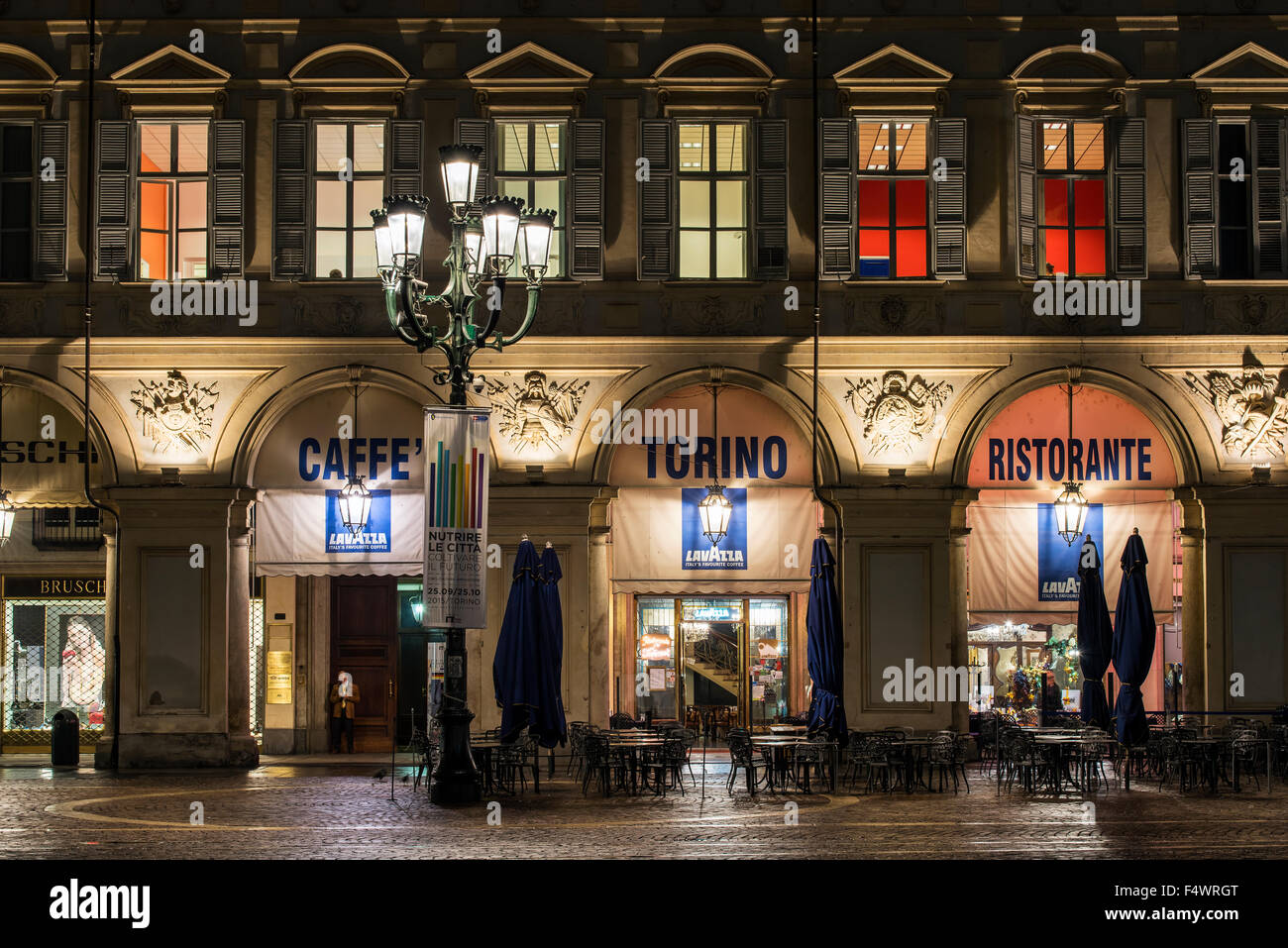 Night exterior view of Caffe Torino, Piazza San Carlo, Turin, Piedmont, Italy Stock Photo