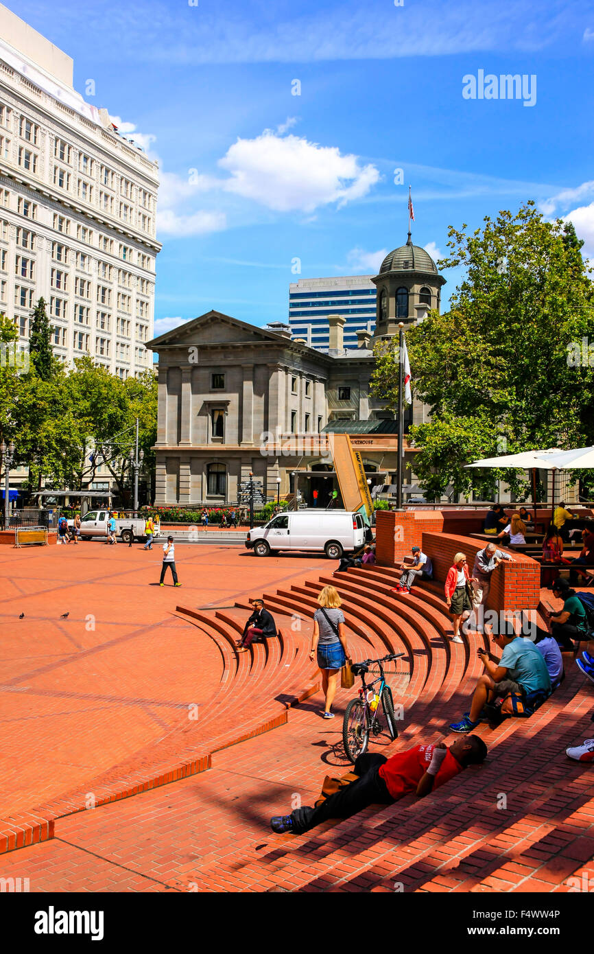 People in Pioneer Courthouse Square, affectionately known as Portland's living room in downtown Portland, Oregon Stock Photo