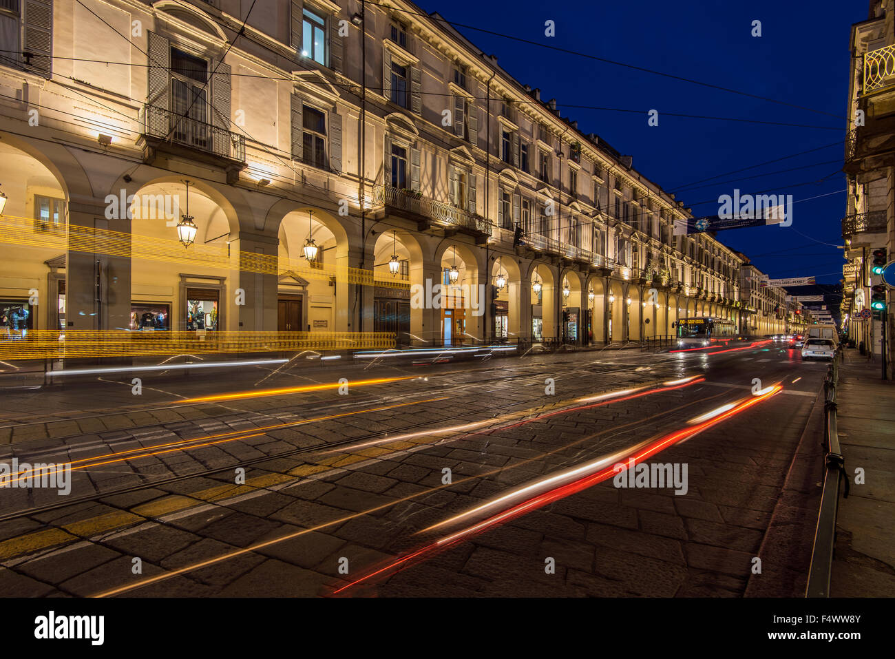 Night view of Via Po street, Turin, Piedmont, Italy Stock Photo
