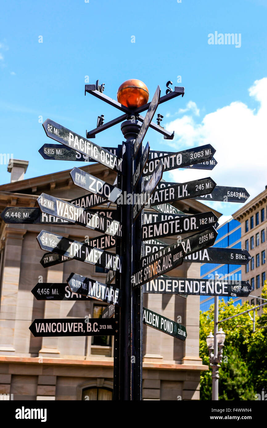 World destinations signpost in Pioneer Courthouse Square, known as Portland's living room in downtown Portland, Oregon Stock Photo