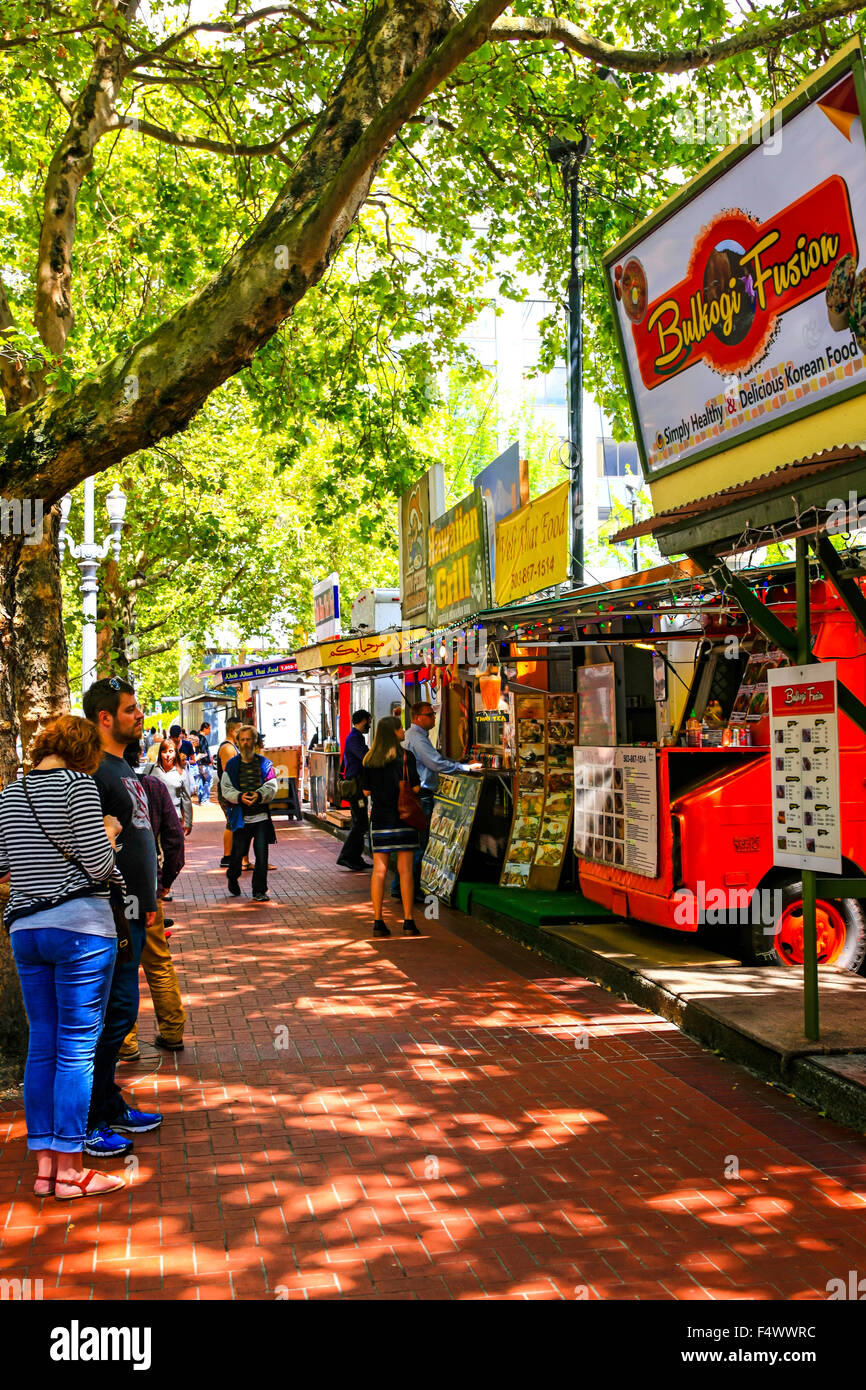 Some of the 500 fast food vendors offering a diverse selection in Portland city Oregon Stock Photo