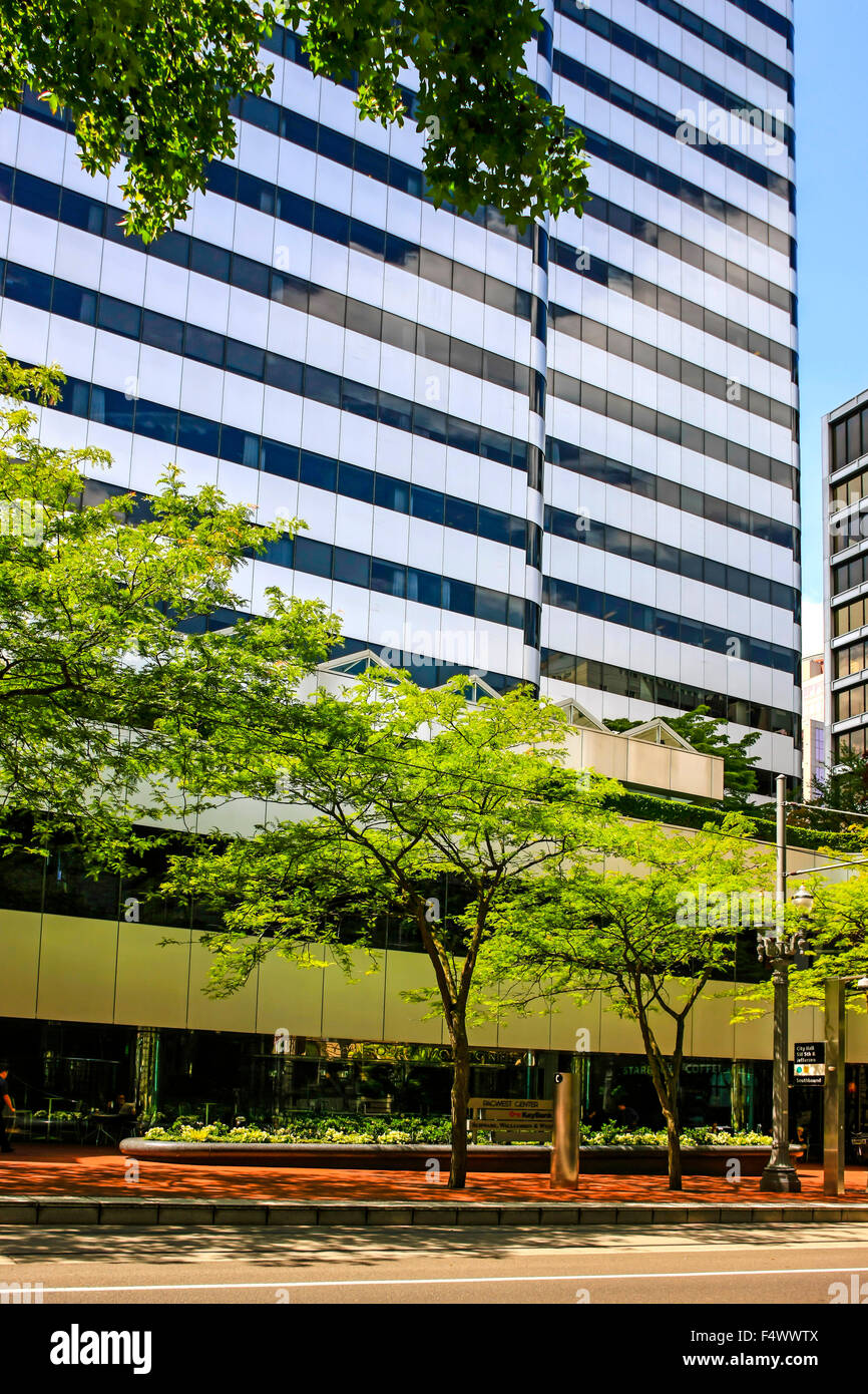 The Pacwest center offices on the tree lined SW 5th Ave in Portland, Oregon Stock Photo