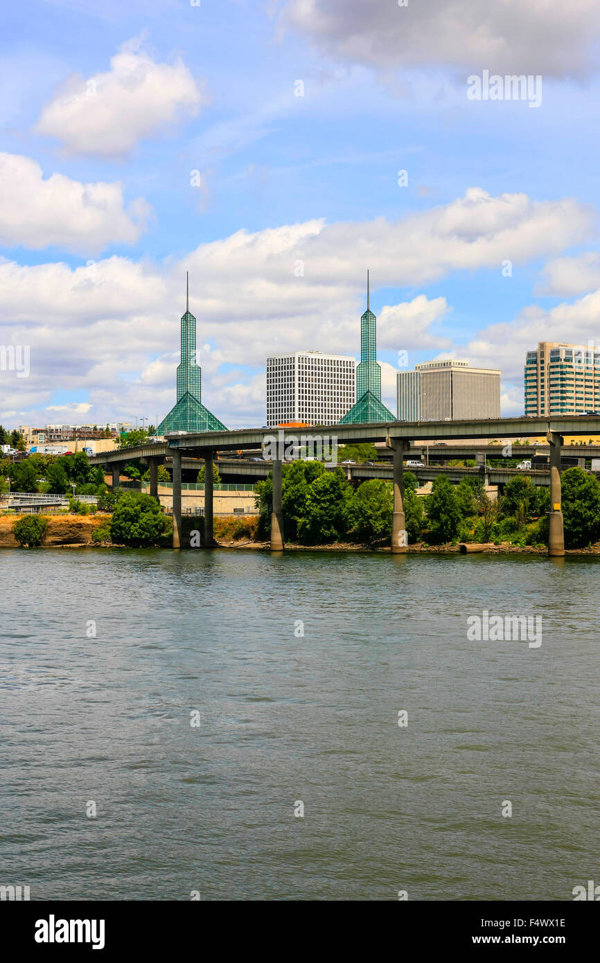 View across the Willamette River to the Eastside of Portland Oregon and the towers of the