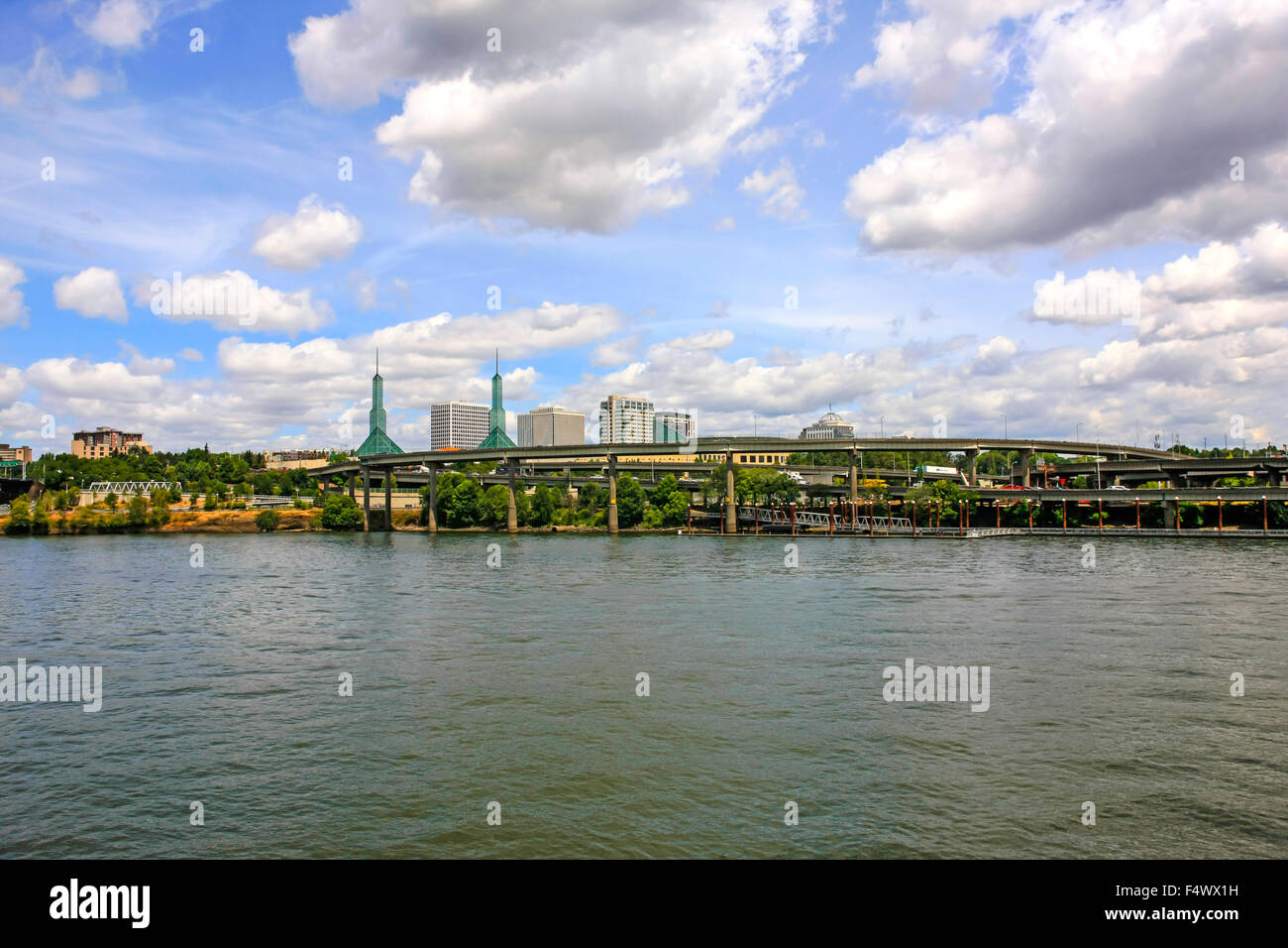 View across the Willamette River to the Eastside of Portland Oregon and the towers of the