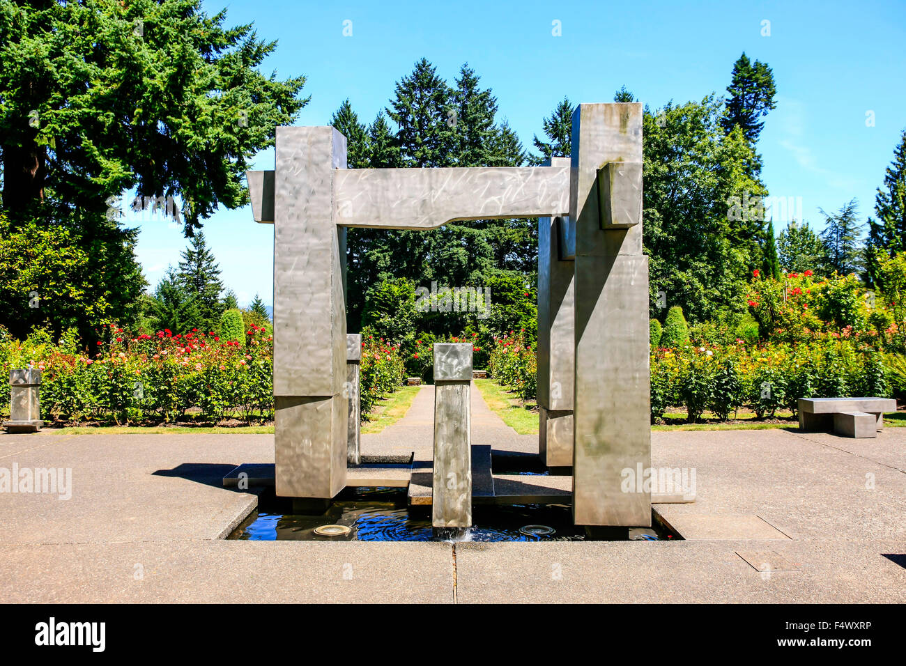 Sculpture in the center of the famous Rose Gardens atop Washington Park