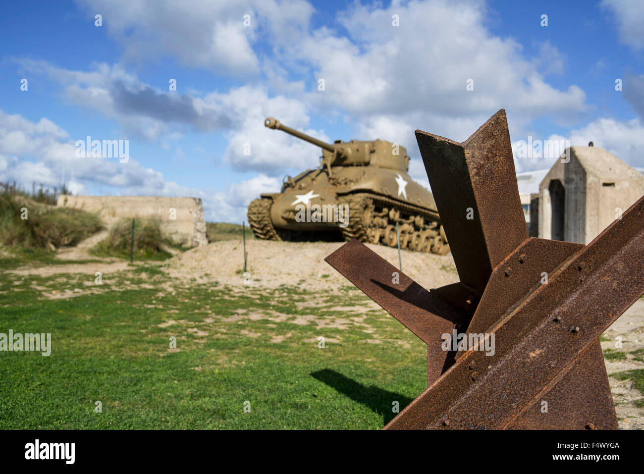 Czech hedgehog and M4 Sherman tank, Musée du Débarquement Utah Beach, World War Two museum at Sainte-Marie-du-Mont, Normandy Stock Photo