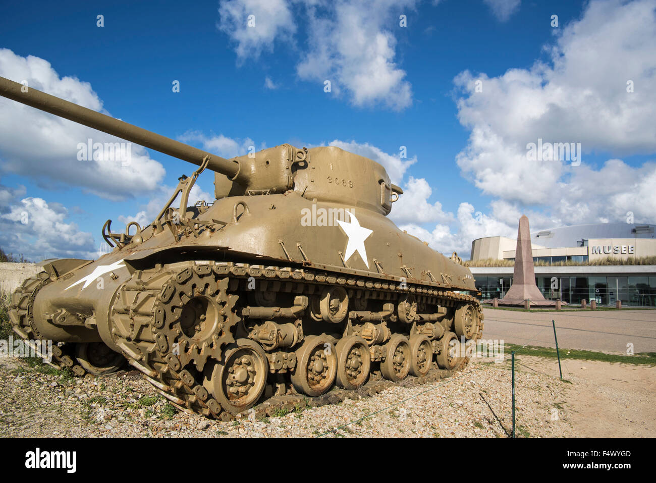 American M4 Sherman tank, Musée du Débarquement Utah Beach, World War Two museum at Sainte-Marie-du-Mont, Normandy, France Stock Photo