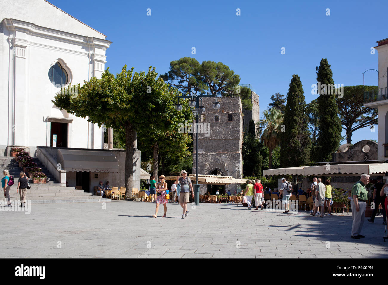 Entrance in square to Villa Rufolo, Ravello, Amalfi Coast, Italy, with tourist couple Stock Photo