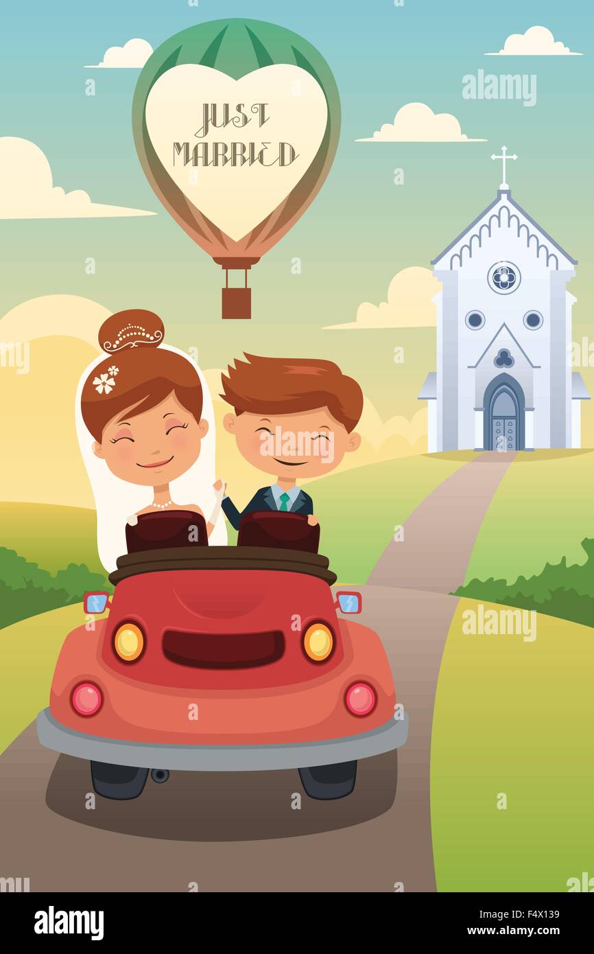 A vector illustration of happy bride and groom riding car after their ...