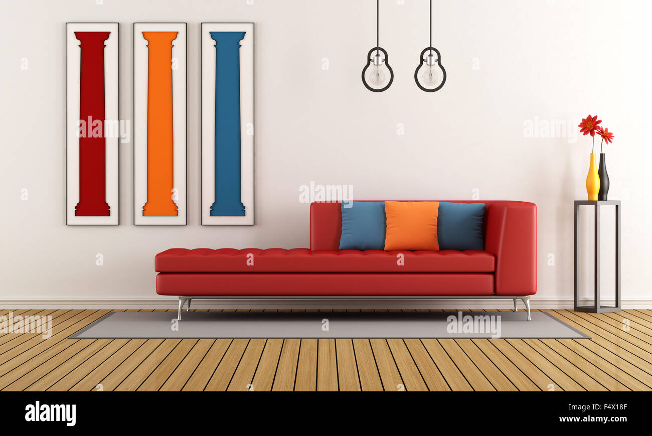 Colorful living room with modern sofa and shape of classical columns on