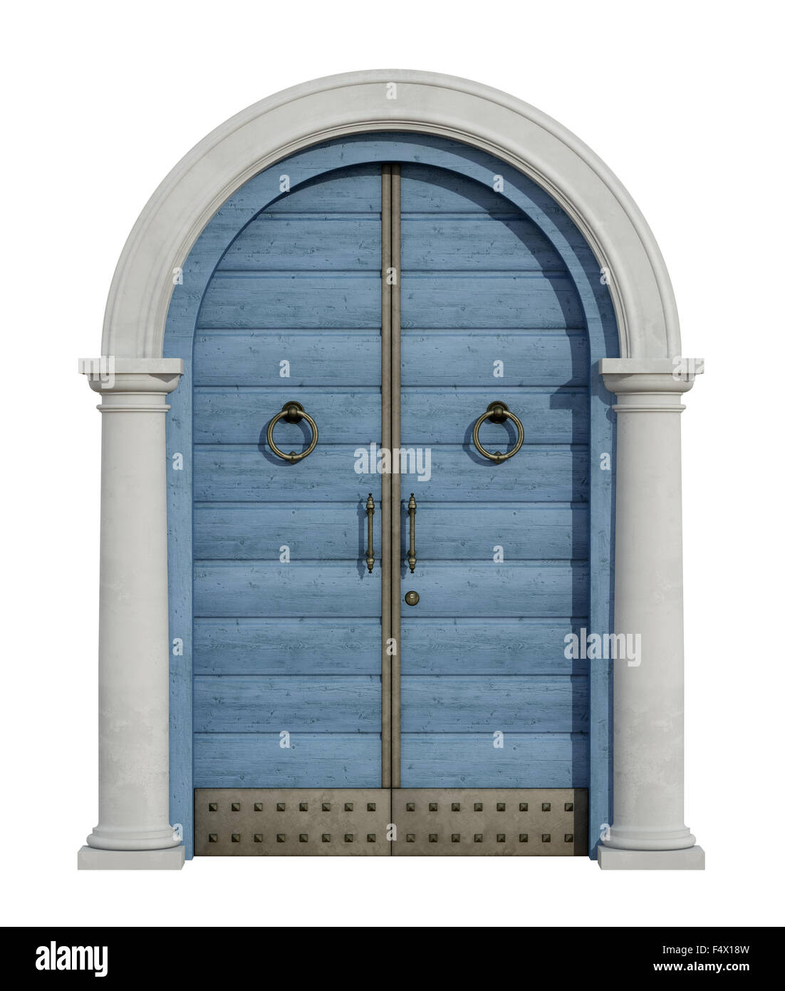 Old wooden front door with stone portal isolated on white -3D Rendering Stock Photo