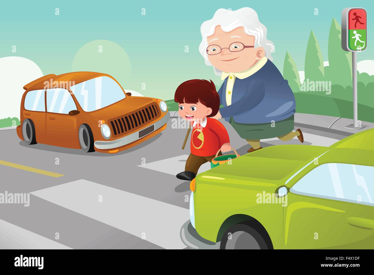 A vector illustration of kid helping senior lady crossing the street Stock Vector