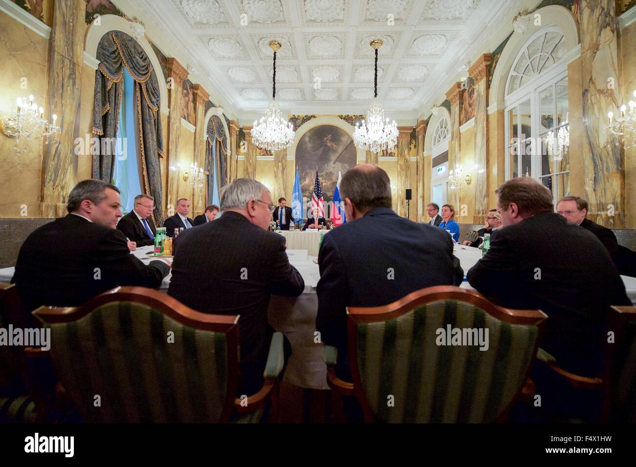 Vienna, Austria. 23rd Oct, 2015. US Secretary of State John Kerry joins Russian Foreign Minister Sergey Lavrov, European Union High Representative Federica Mogherini and other officials for a meeting focused on Syria at the Imperial Hotel October 23, 2015 in Vienna, Austria. Stock Photo