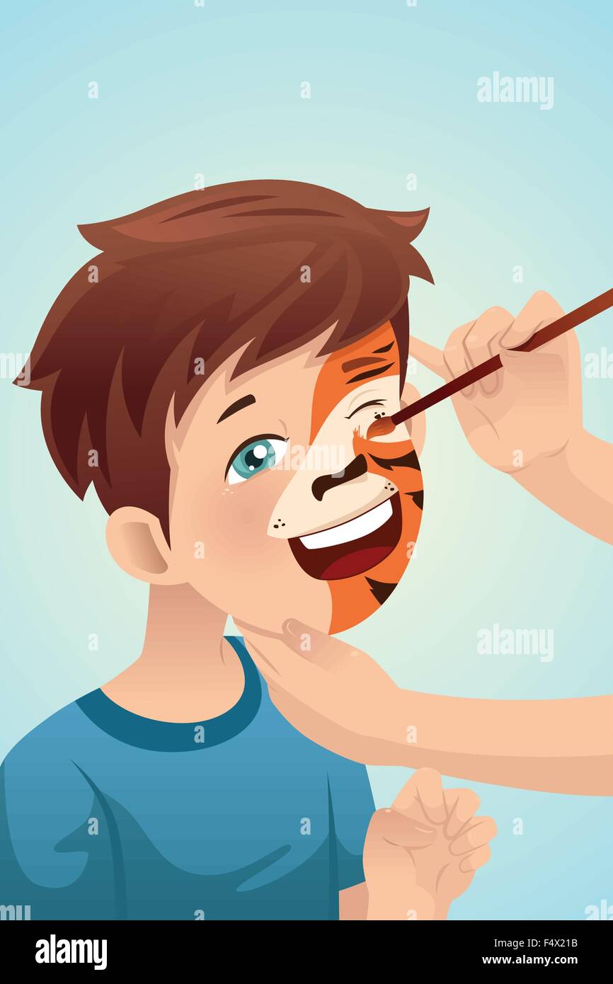 A vector illustration of cute boy having his face painted as a tiger Stock Vector