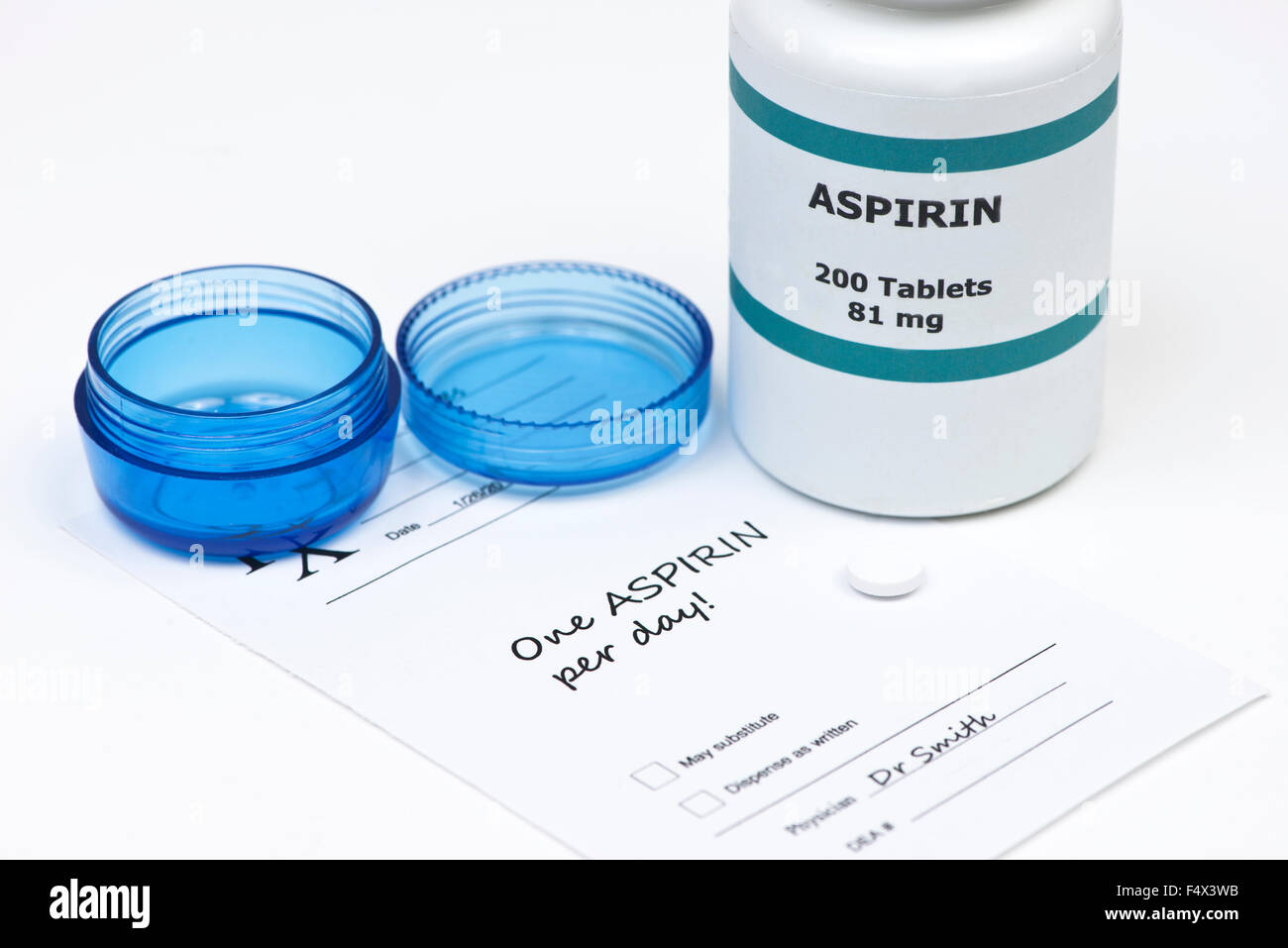 Daily aspirin tablet with aspirin bottle, container, and prescription