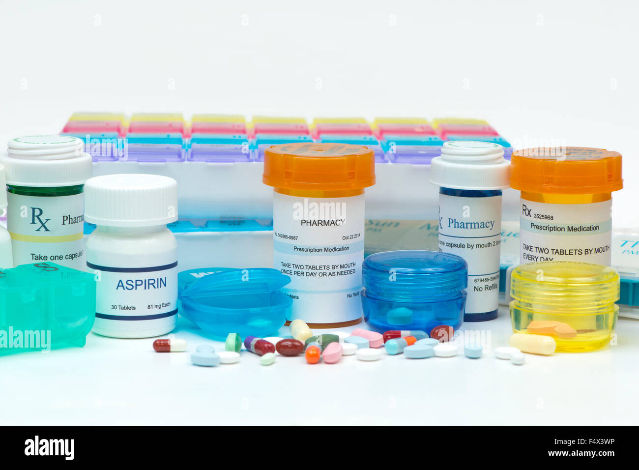 Prescription medications, pills, and daily medication organizer boxes. Labels created by photographer. Stock Photo