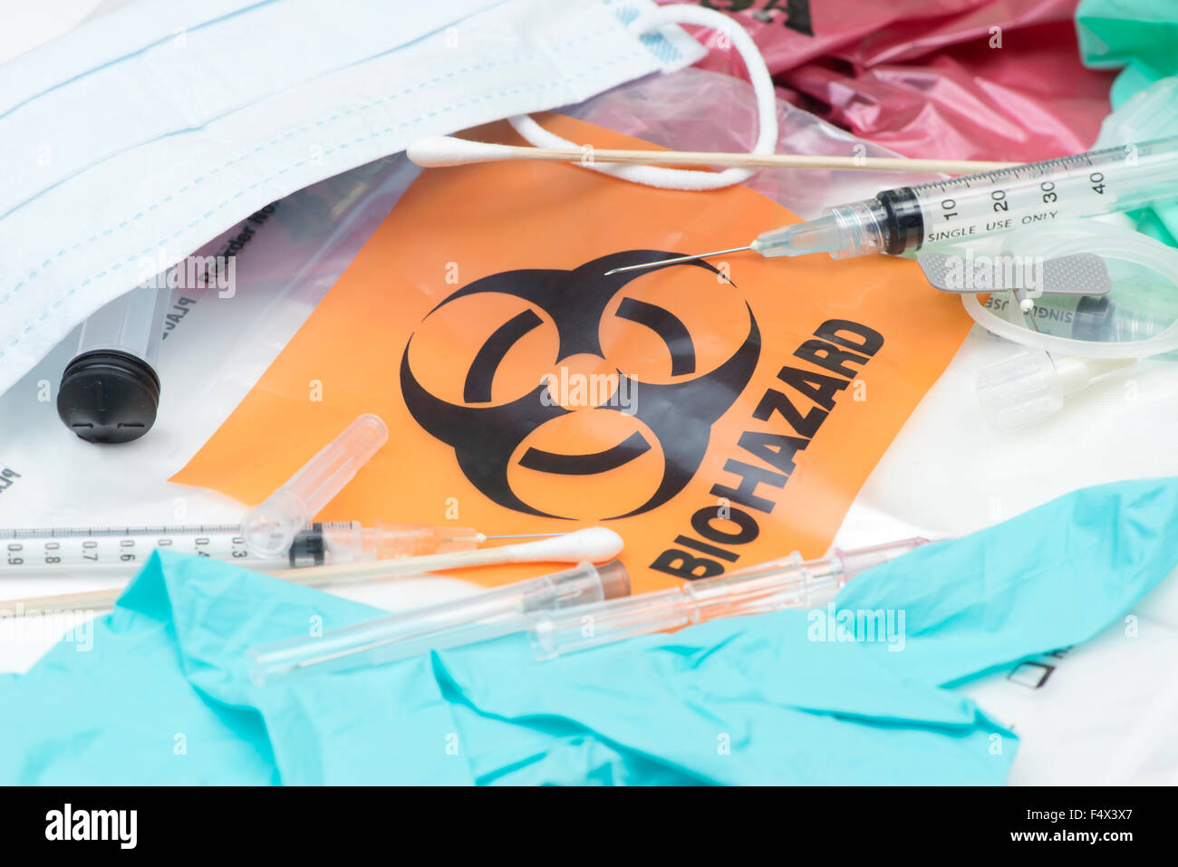 Biohazard waste bags with used syringes,  needles, bandages, and other medical waste. Stock Photo