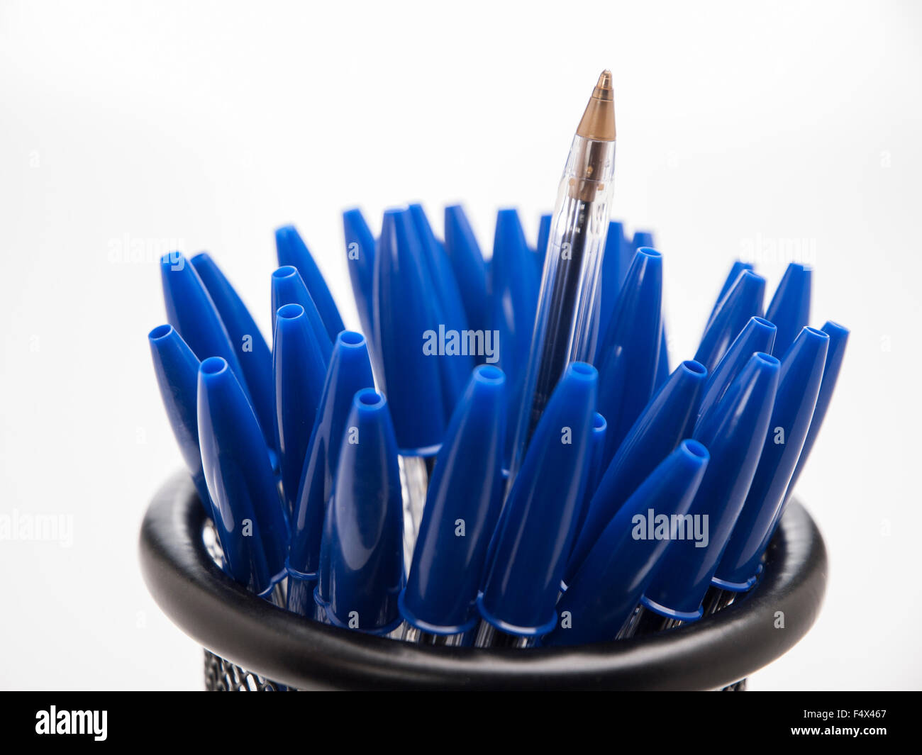 Bic Crystal Blue pens in pencil case Stock Photo