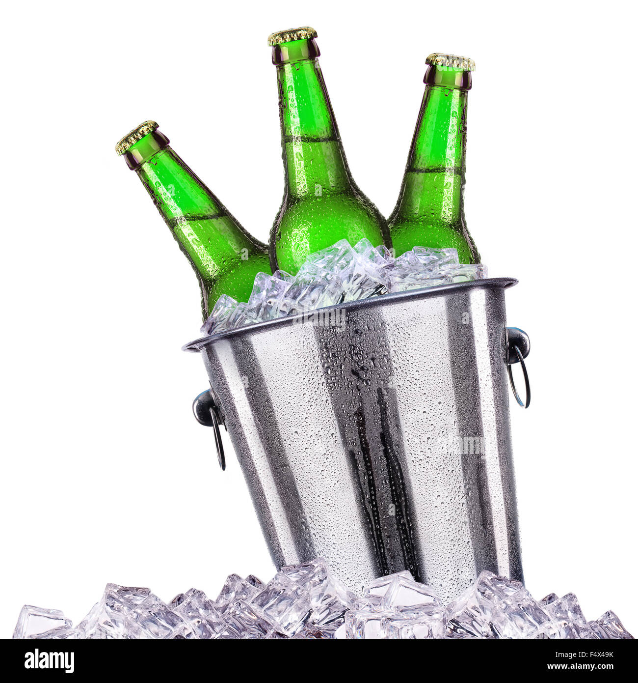 Beer bottles in ice bucket isolated on white background Stock Photo Alamy